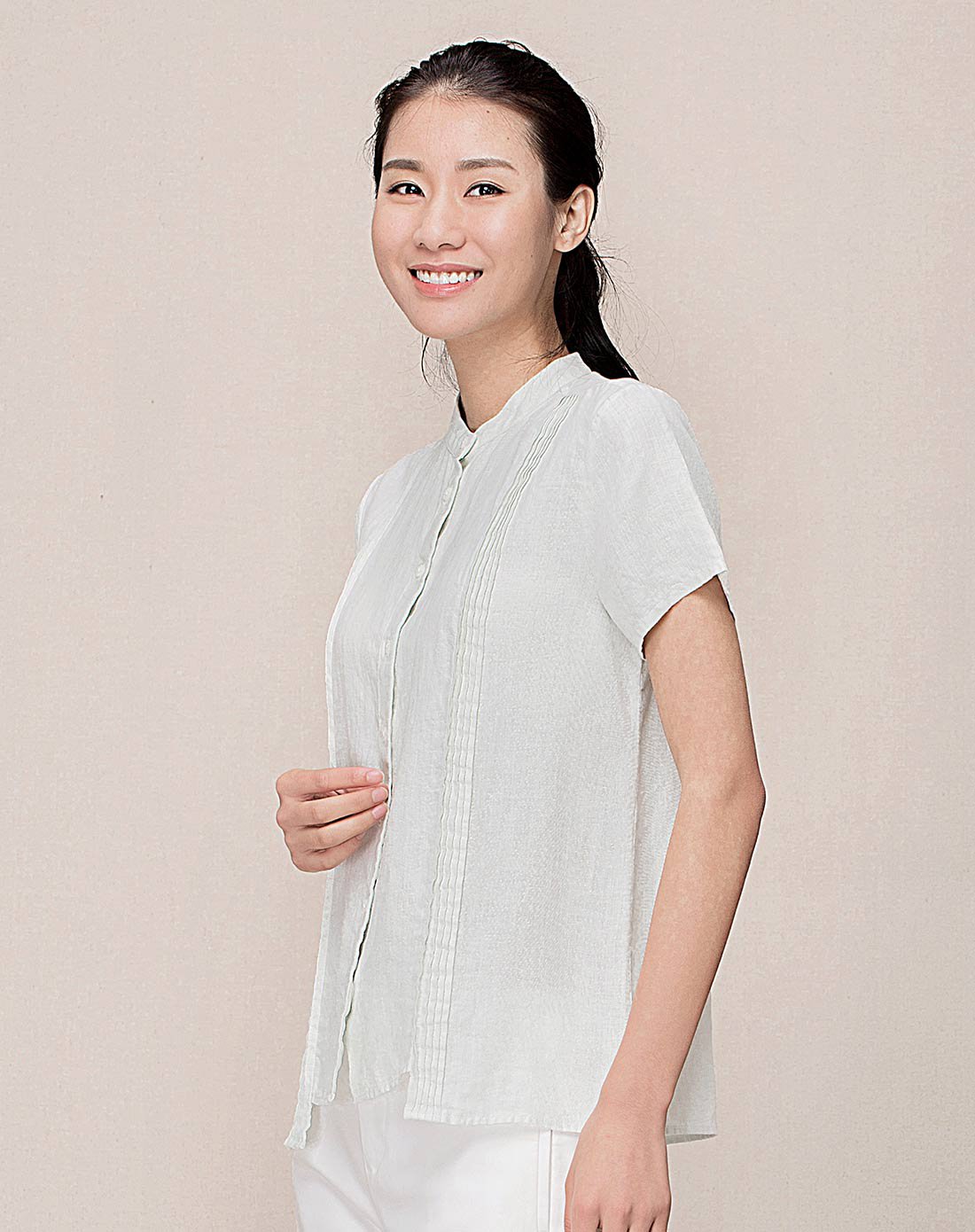 hanp/汉麻世家立领棉麻女简约短袖女衬衣修身薄款白色衬衫纯色