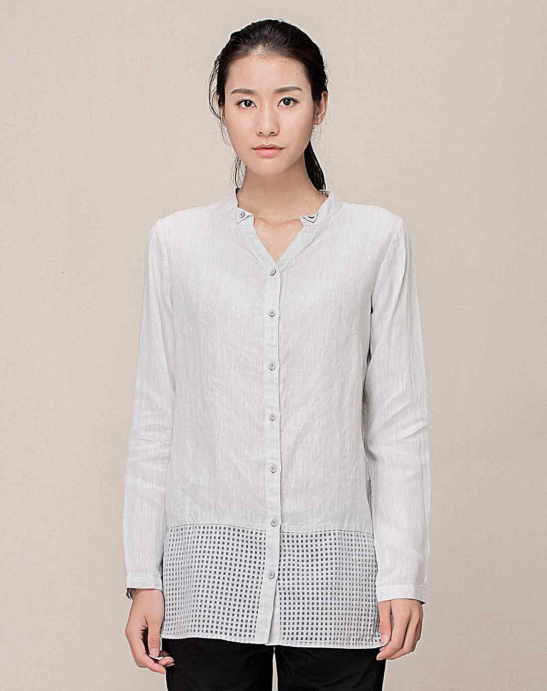 hanp/汉麻世家宽松女中长款休闲衬衣长袖棉麻衬衫女常规拼接直筒