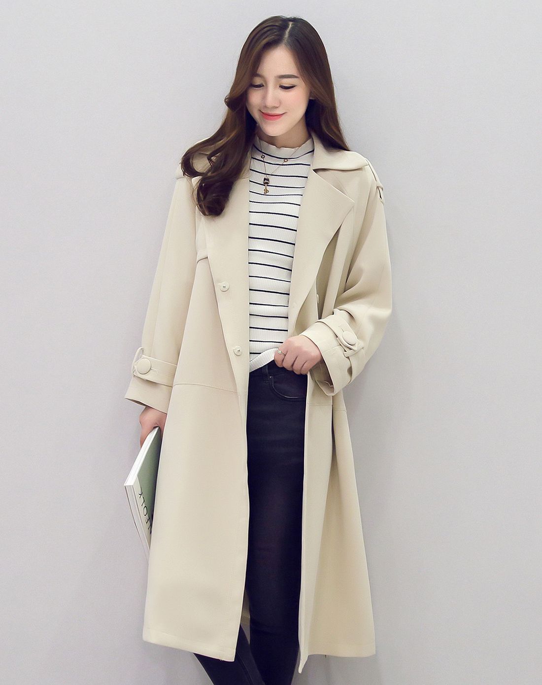 韩版宽松侧摆开叉中长款系带风衣杏色