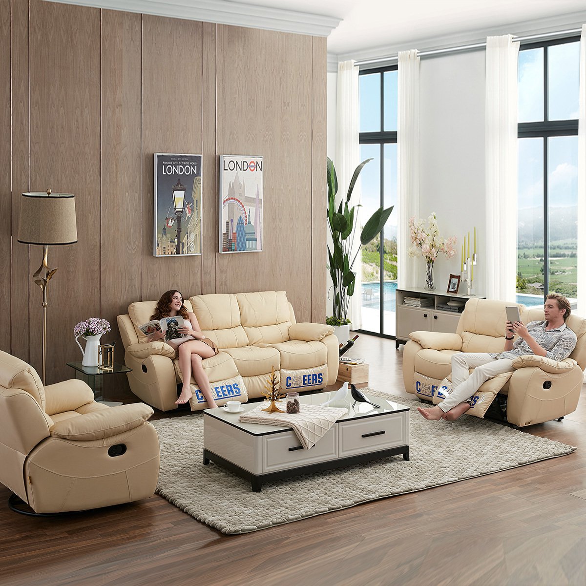 手动可躺头等舱三人位多功能位沙发组合8753 大中小户型美式家具客厅