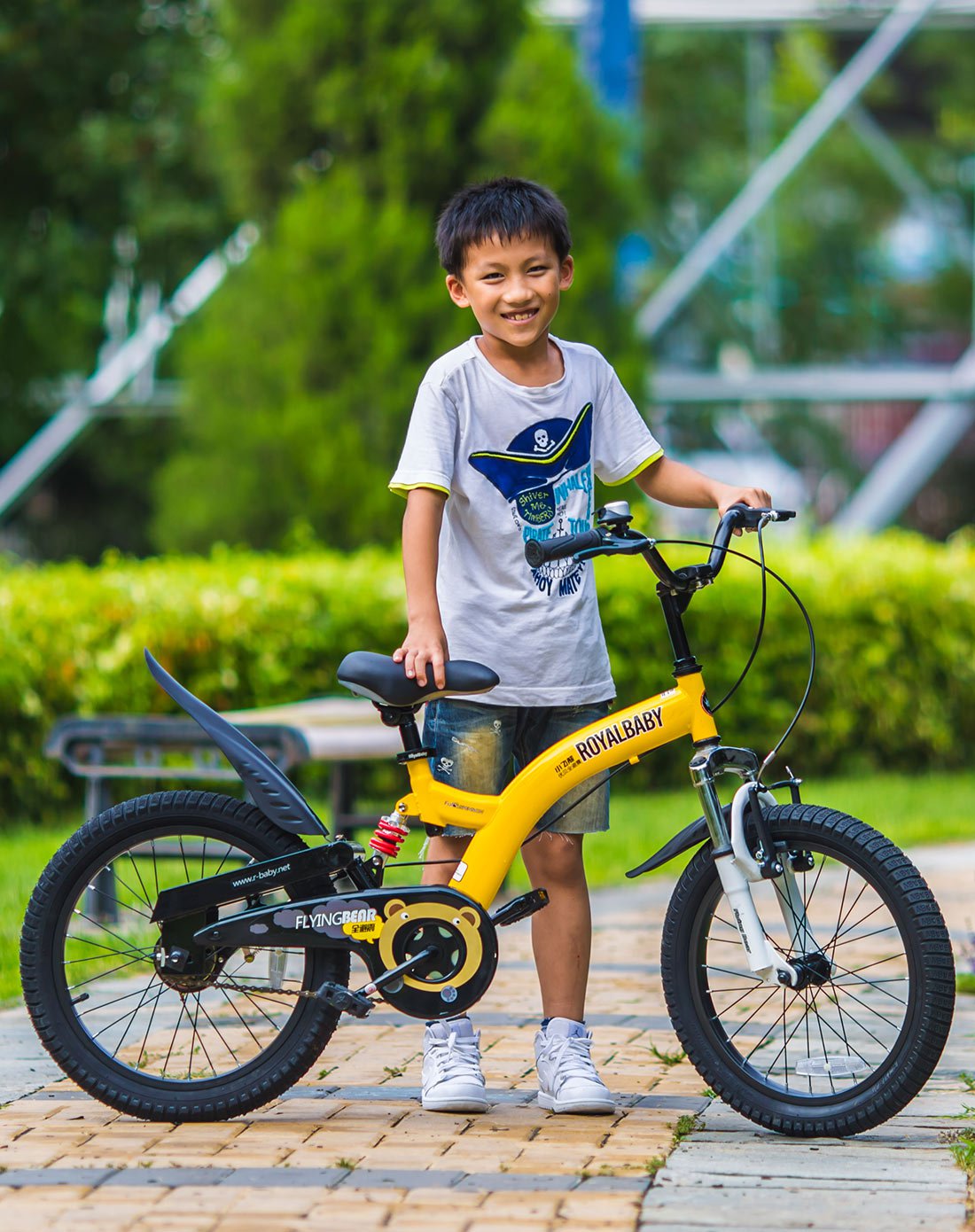 优贝儿童自行车18寸小飞熊前后双避震男女宝宝单车