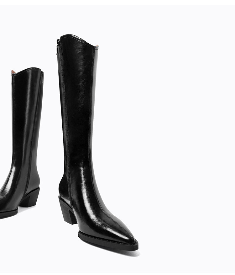 显瘦加绒长皮靴女不过膝尖头粗跟瘦版高筒靴骑士靴机车靴