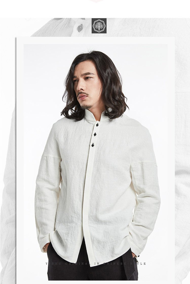 意树中国风原创亚麻衬衫长袖男装中式立领衬衣棉麻时尚百搭上衣秋