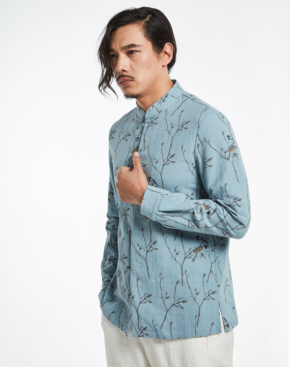 eyensree意树男装特卖旗舰店意树夏装新款衬衫男青年长袖立领衬衣上衣