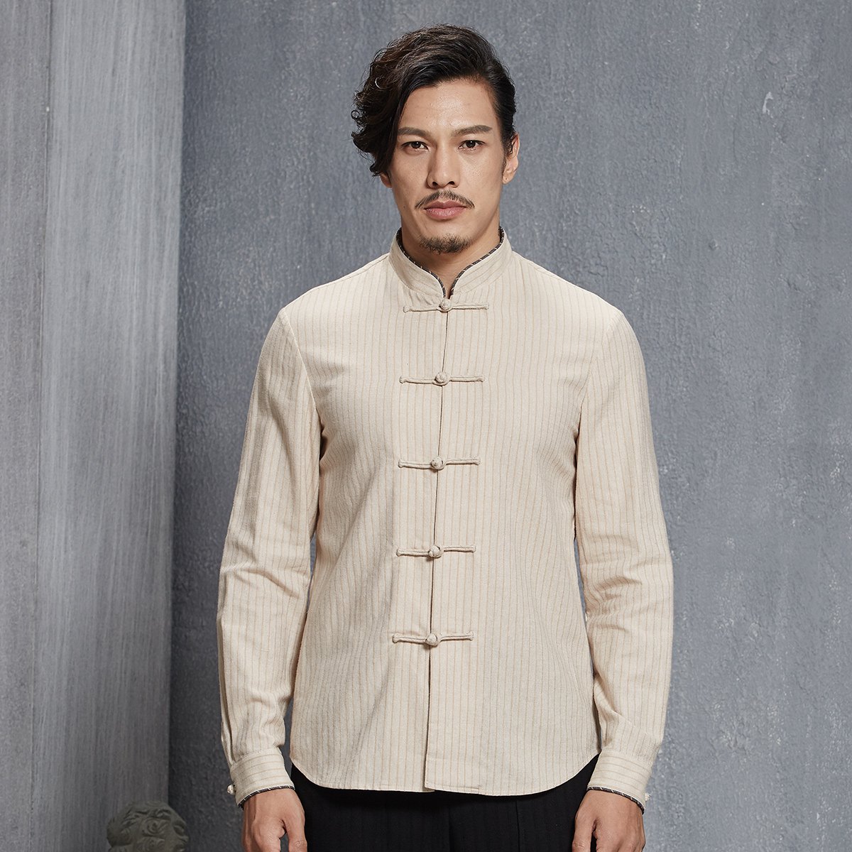 意树春秋中国风复古男装中式立领长袖衬衫休闲条纹盘扣衬衣上衣男