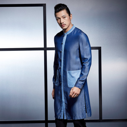 意树中国风原装男装 秋季长袖无领撞色拼接中长款衬衫