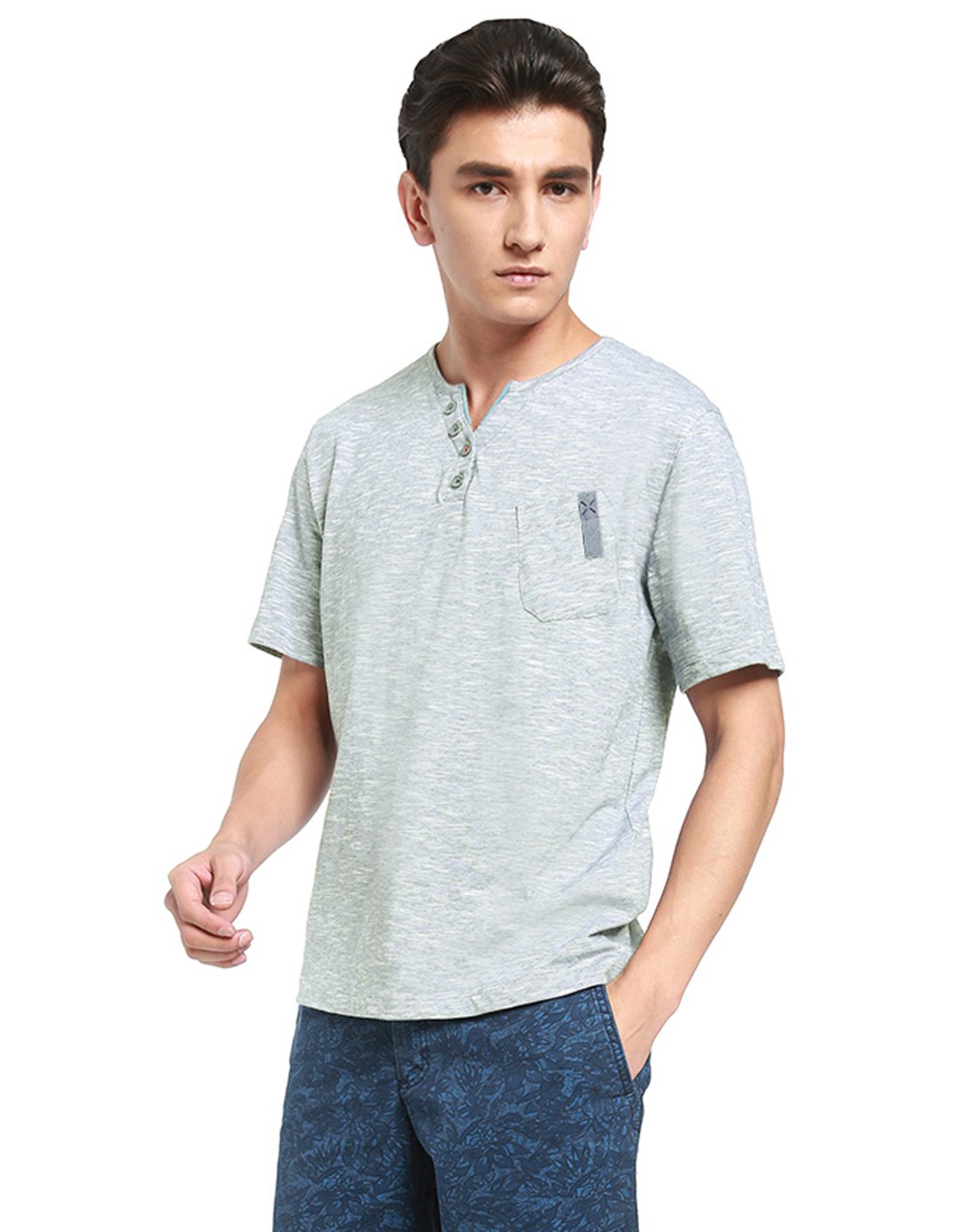 细条纹全棉舒适针织短袖t恤衫藏青色