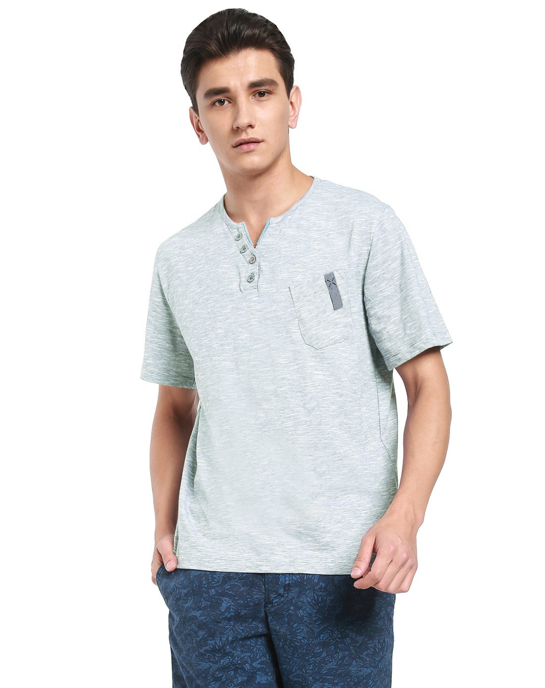 细条纹全棉舒适针织短袖t恤衫蓝色