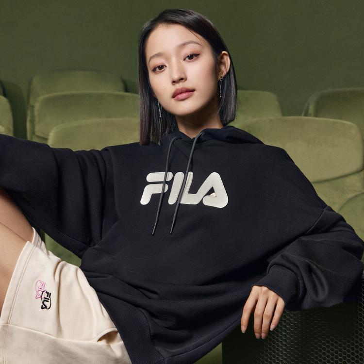 Fila 【情侣款】时尚宽松休闲卫衣男女同款百搭透气长袖针织连帽上衣 In Black