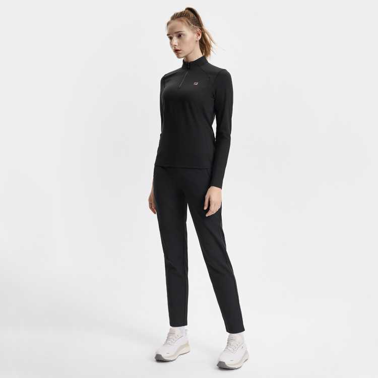 FILA 【加绒】女装户外瑜伽健身T恤女士修身半拉链防晒针织长袖上衣