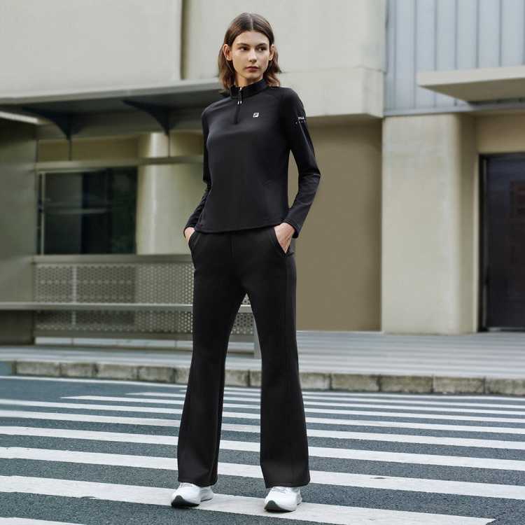 FILA 【抗紫外线】女装健身运动T恤女士基础简约立领高弹针织长袖衫