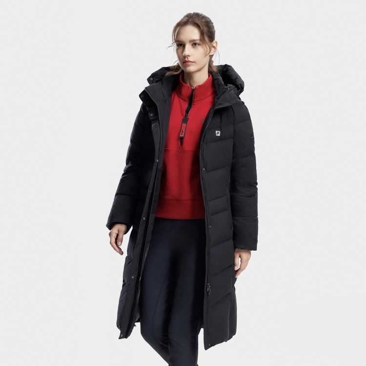 FILA 【鸭绒】女装健身运动羽绒服女士基础简约舒适连帽保暖长款羽绒服