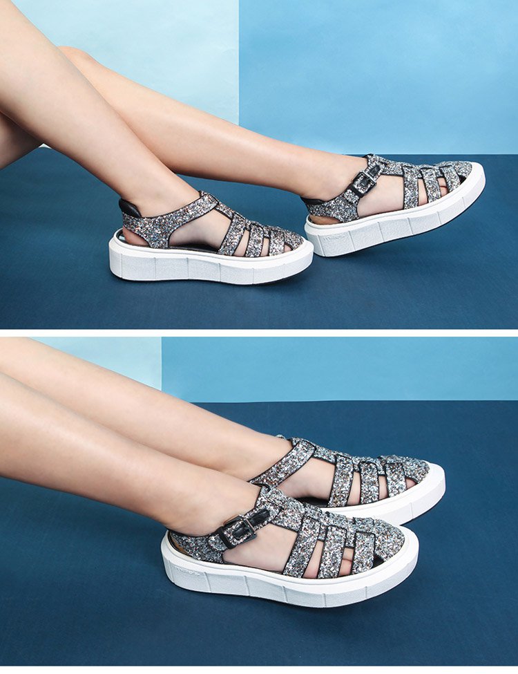 妙丽 夏专柜同款镂空亮片布潮流时尚厚底舒适女凉鞋