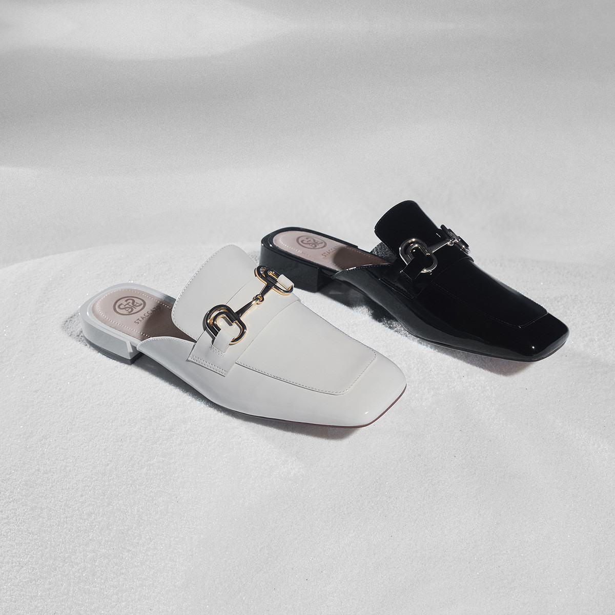 思加图夏季奶油鞋方头漆皮英伦风穆勒拖女粗跟凉半拖鞋