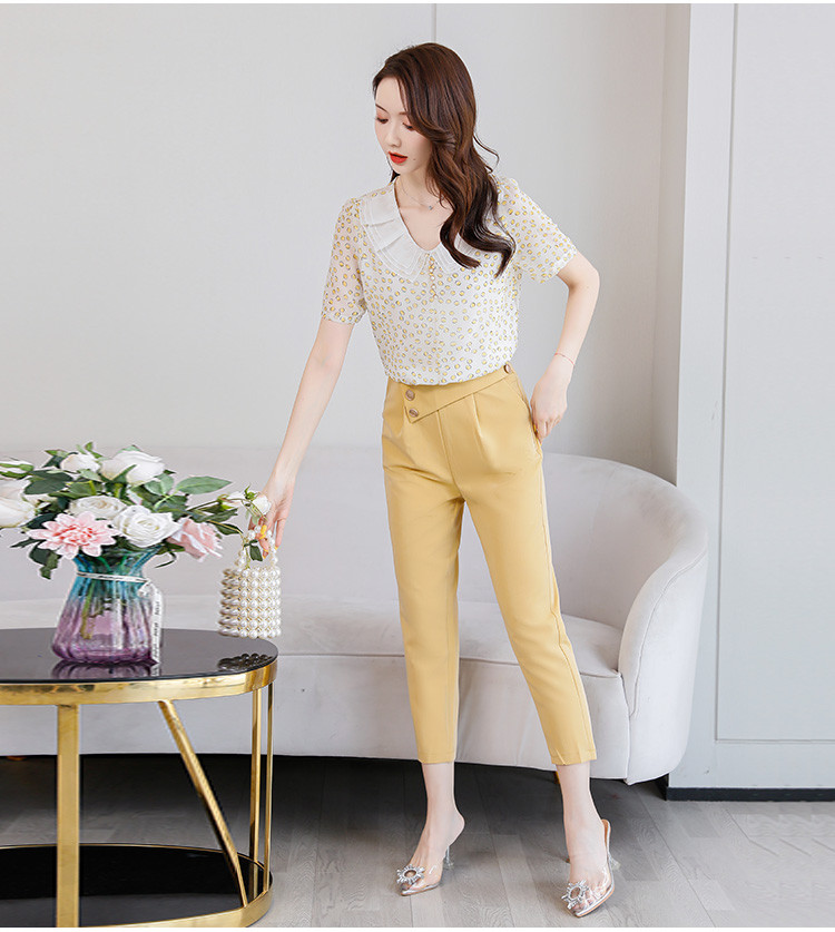 新款时尚休闲套装女夏季娃娃领短袖上衣加时尚小脚裤女式套装