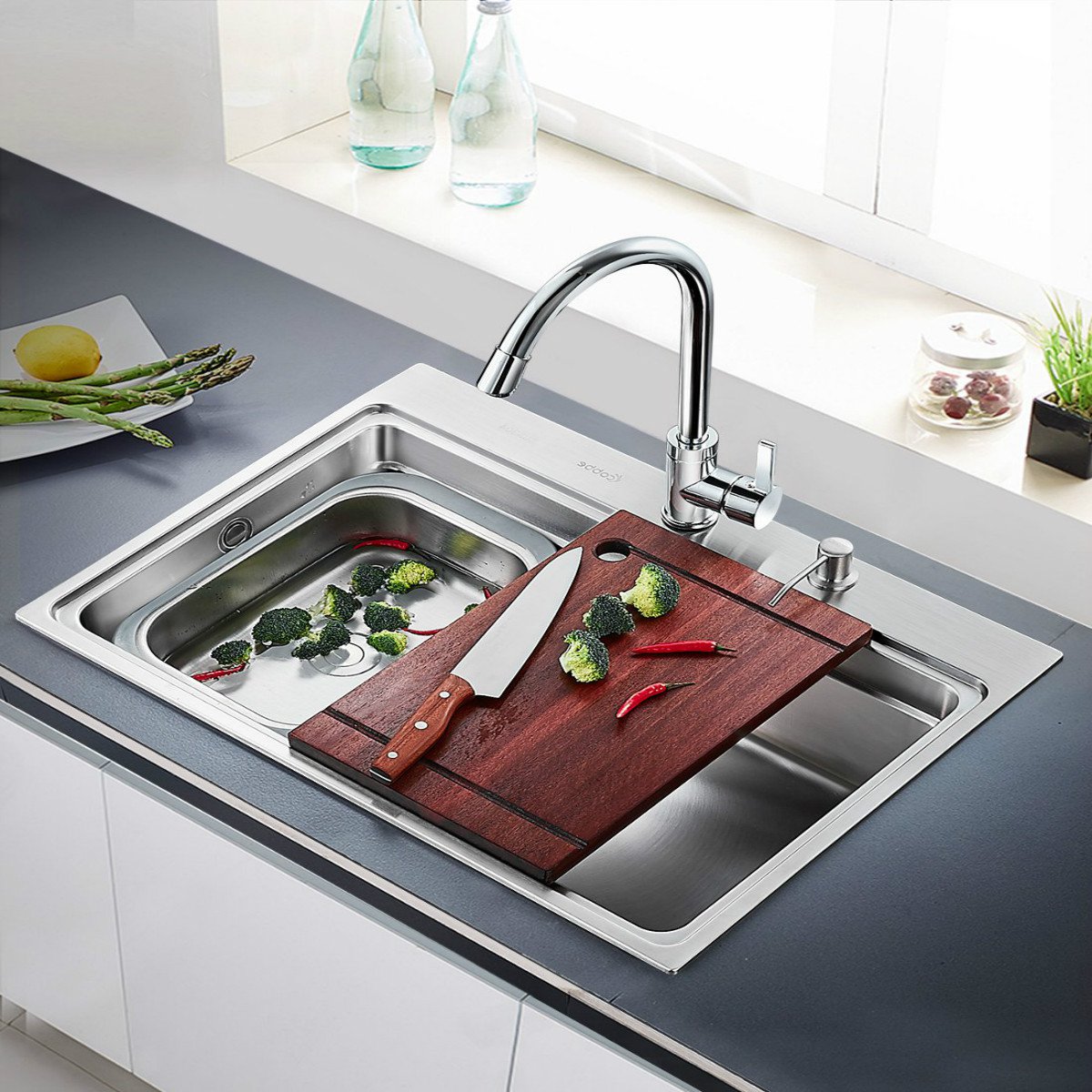 卡贝304不锈钢厨房小r角直角单槽水槽套装洗碗池洗菜盆套餐加沥水盘带