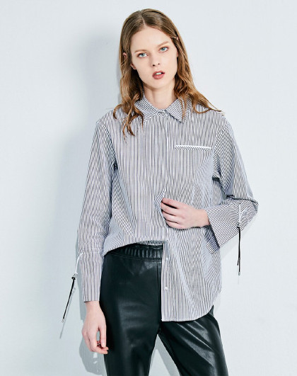 2018秋季新款女式z11竖领休闲条纹系带显瘦衬衫