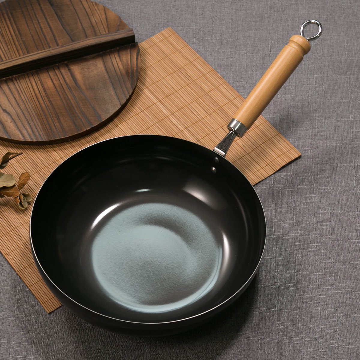 日本进口斜面翻炒木柄中华锅 29cm(配杉木锅盖)