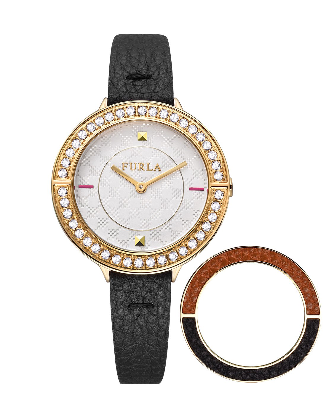 furla club系列银色镶钻表盘黑色皮带女款防水腕表石英女表