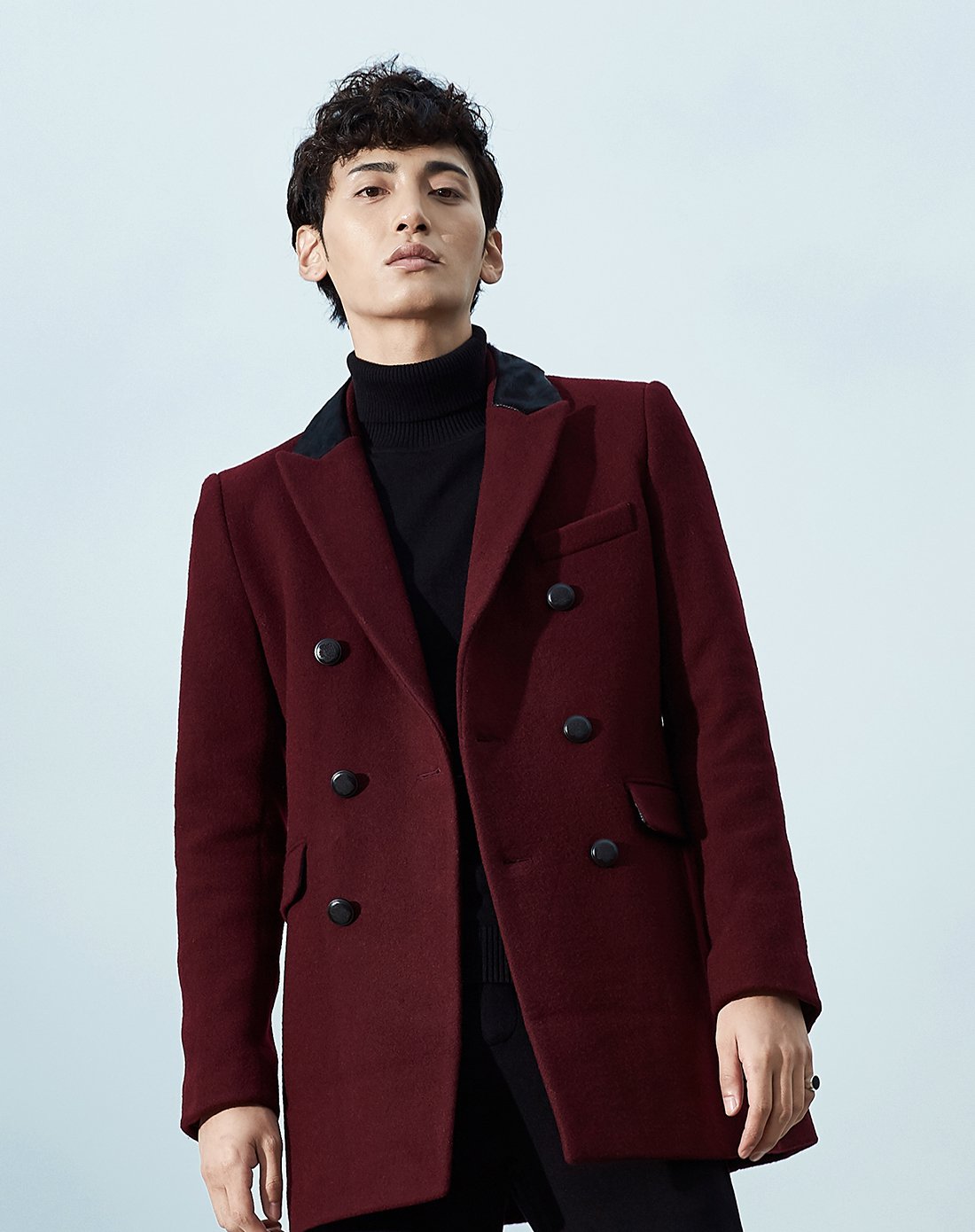 酒红色毛呢子大衣双排扣风衣