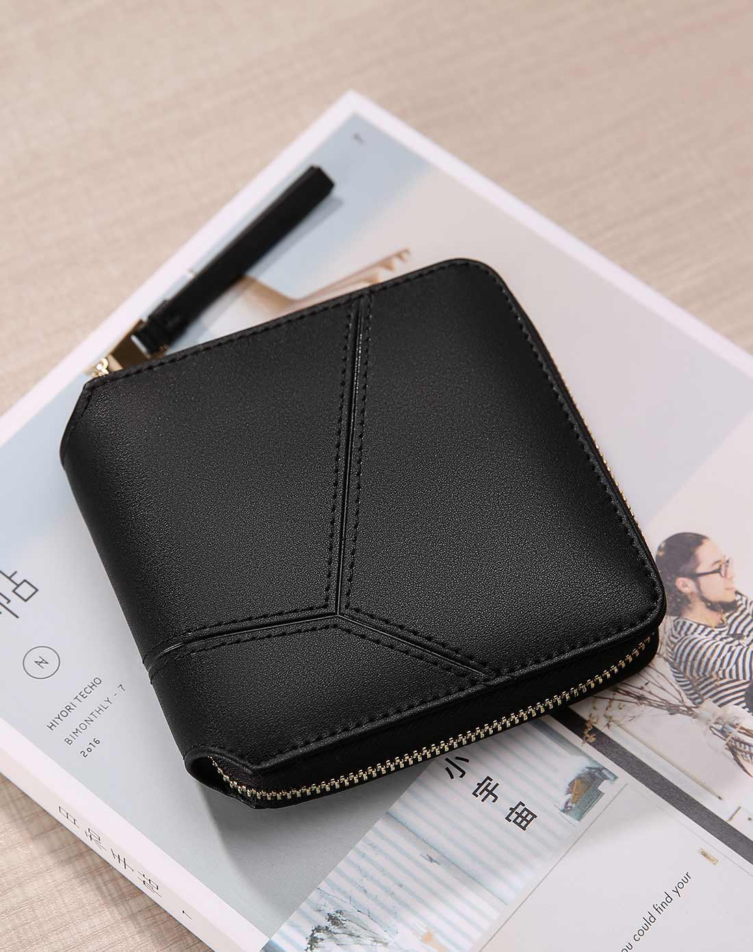 新款韩版方形小钱包短款拉链零钱包简约拼接迷你钱夹黑色