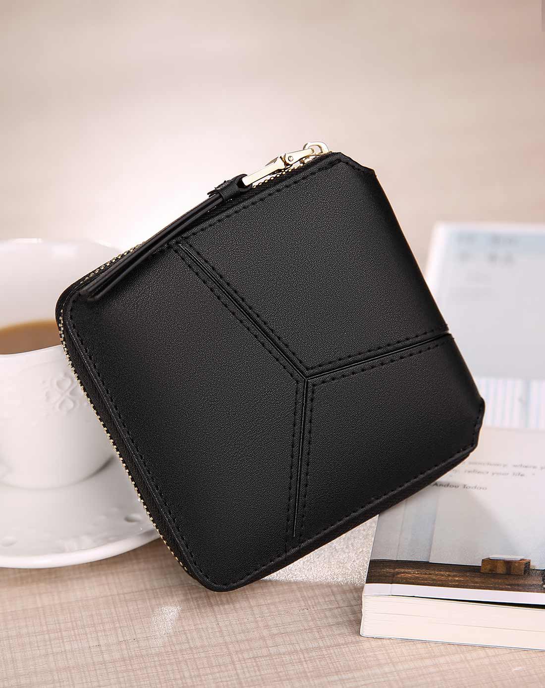 新款韩版方形小钱包短款拉链零钱包简约拼接迷你钱夹黑色