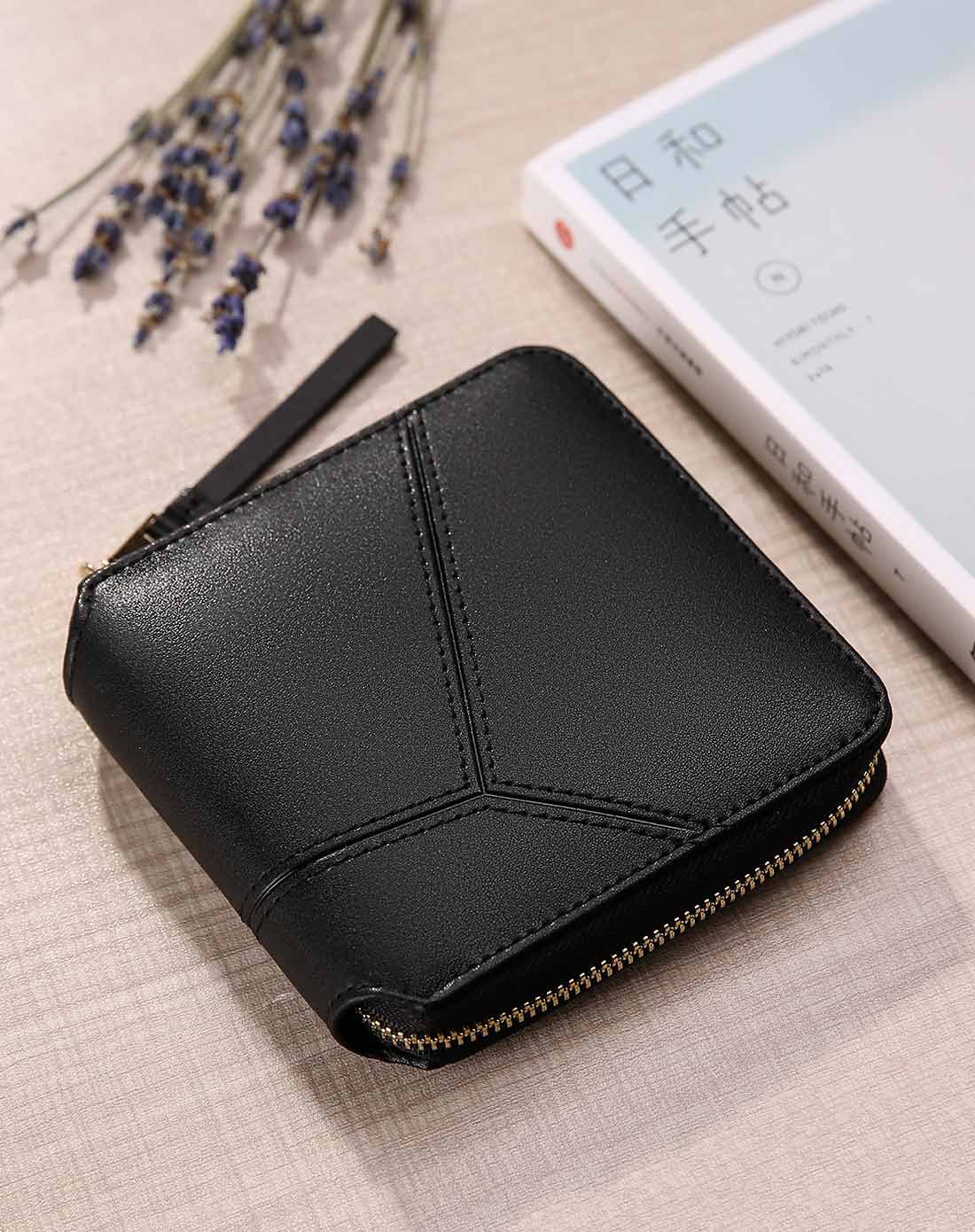 新款韩版方形小钱包短款拉链零钱包简约拼接迷你钱夹黑色