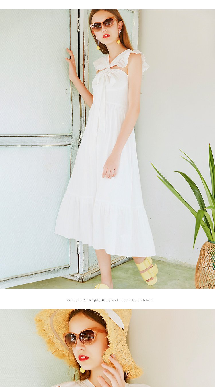 cicishop我的少女情怀浪漫仙女温柔系带露肩渡假白色连衣裙18s97169