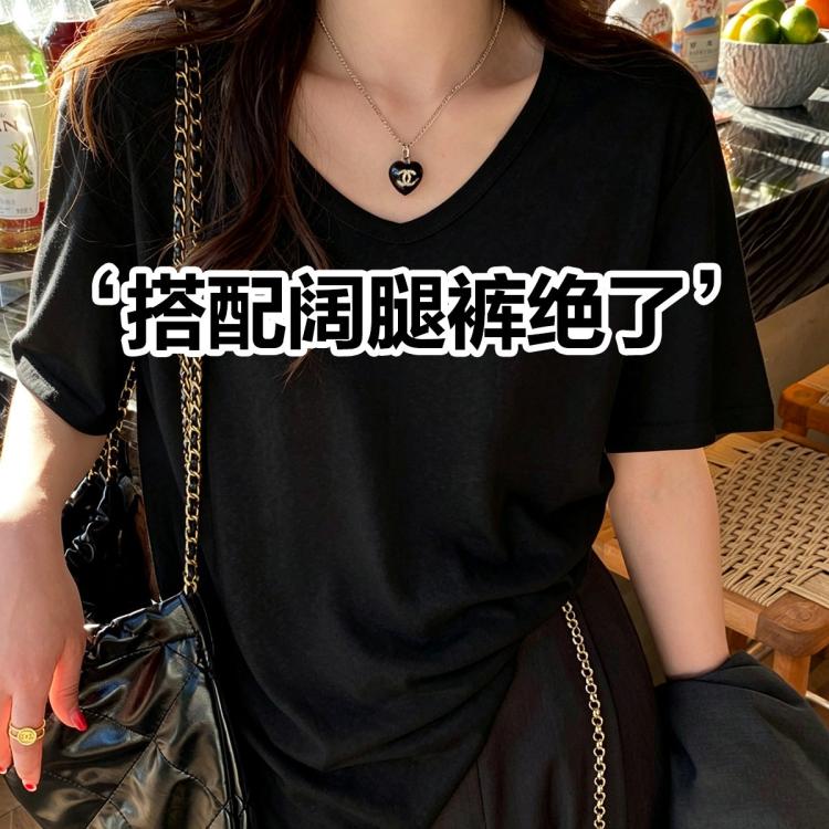 卡拉美拉 【冰丝短袖】短袖t恤女装v领宽松雪花仿棉麻半袖冰丝薄款上衣
