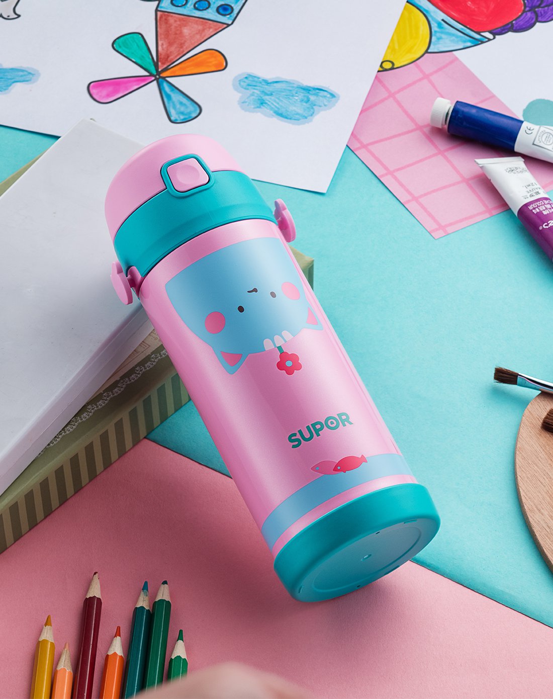 supor/苏泊尔保温杯儿童保温杯不锈钢水杯带吸管两用便携370mlkc37cd