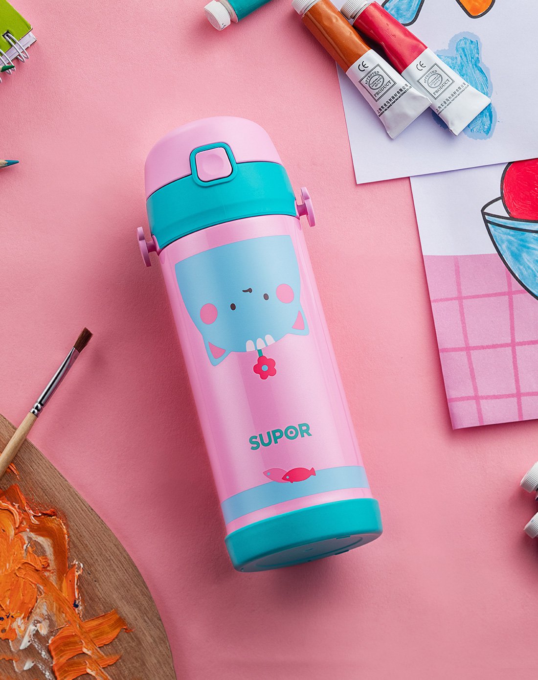 supor/苏泊尔保温杯儿童保温杯不锈钢水杯带吸管两用便携370mlkc37cd