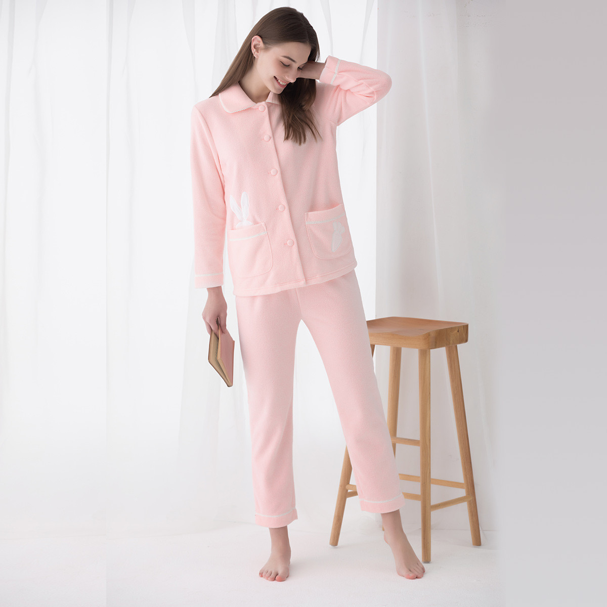 华歌尔wacoal 毛巾布长袖分身女士秋冬睡衣家居服套装 wd3227 粉色 l