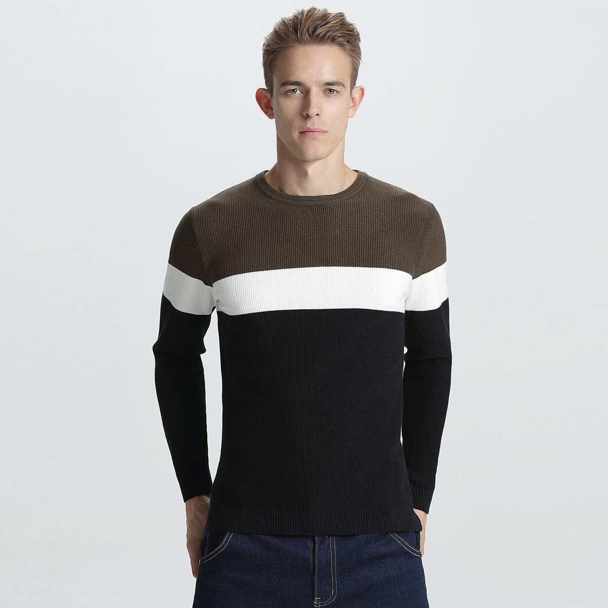 lee cooper 男装三色拼接潮流长袖毛衣男圆领百搭针织上衣男式 黑色 l