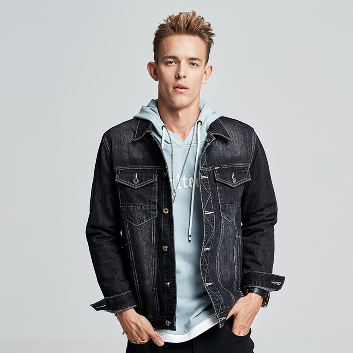 lee cooper 春秋新款青少年舒适磨白字母刺绣外套修身潮流男士牛仔