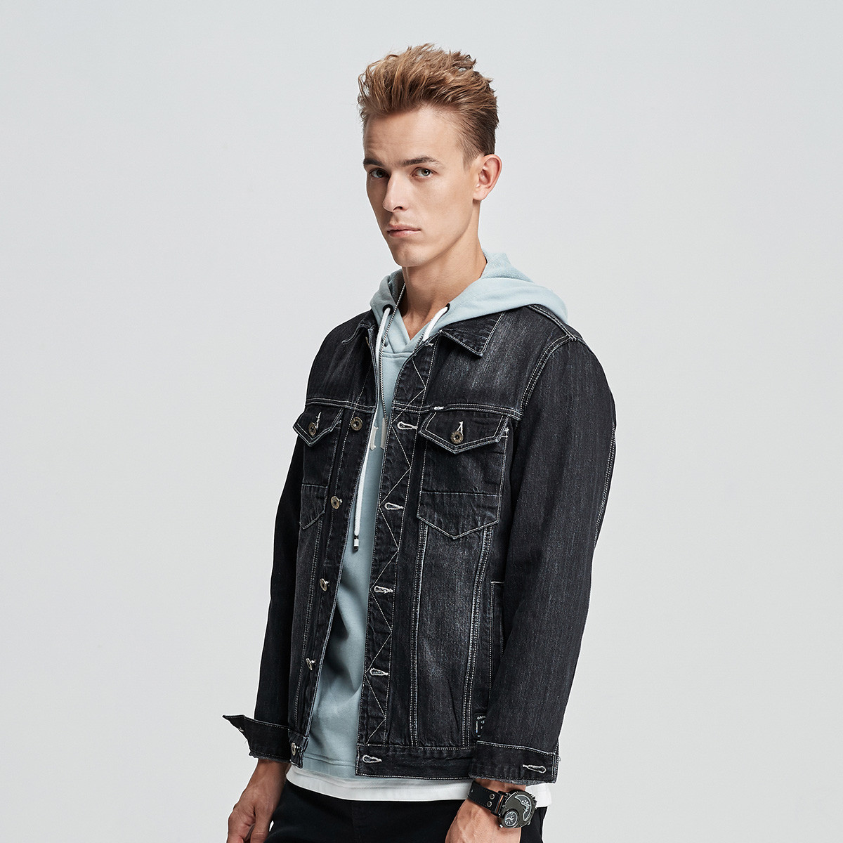 lee cooper 春秋新款青少年舒适磨白字母刺绣外套修身潮流男士牛仔