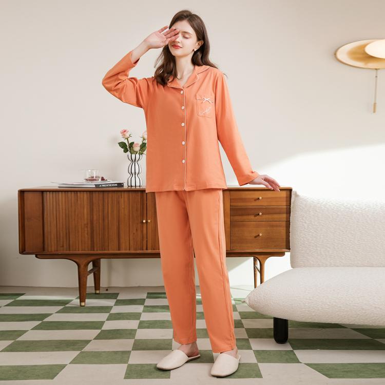 芬腾 【100%纯棉】开衫长袖纯色可外穿女士家居服套装睡衣女