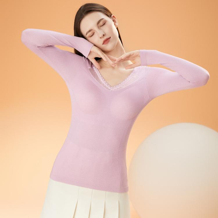 芬腾 【含羊毛 带胸垫】无痕女士秋衣保暖内衣可外穿打底衫单衣