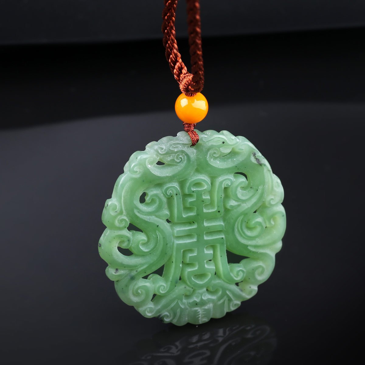 玉之锦和田玉碧玉双龙贺福祥龙蝙蝠吉祥玉器吊坠挂件