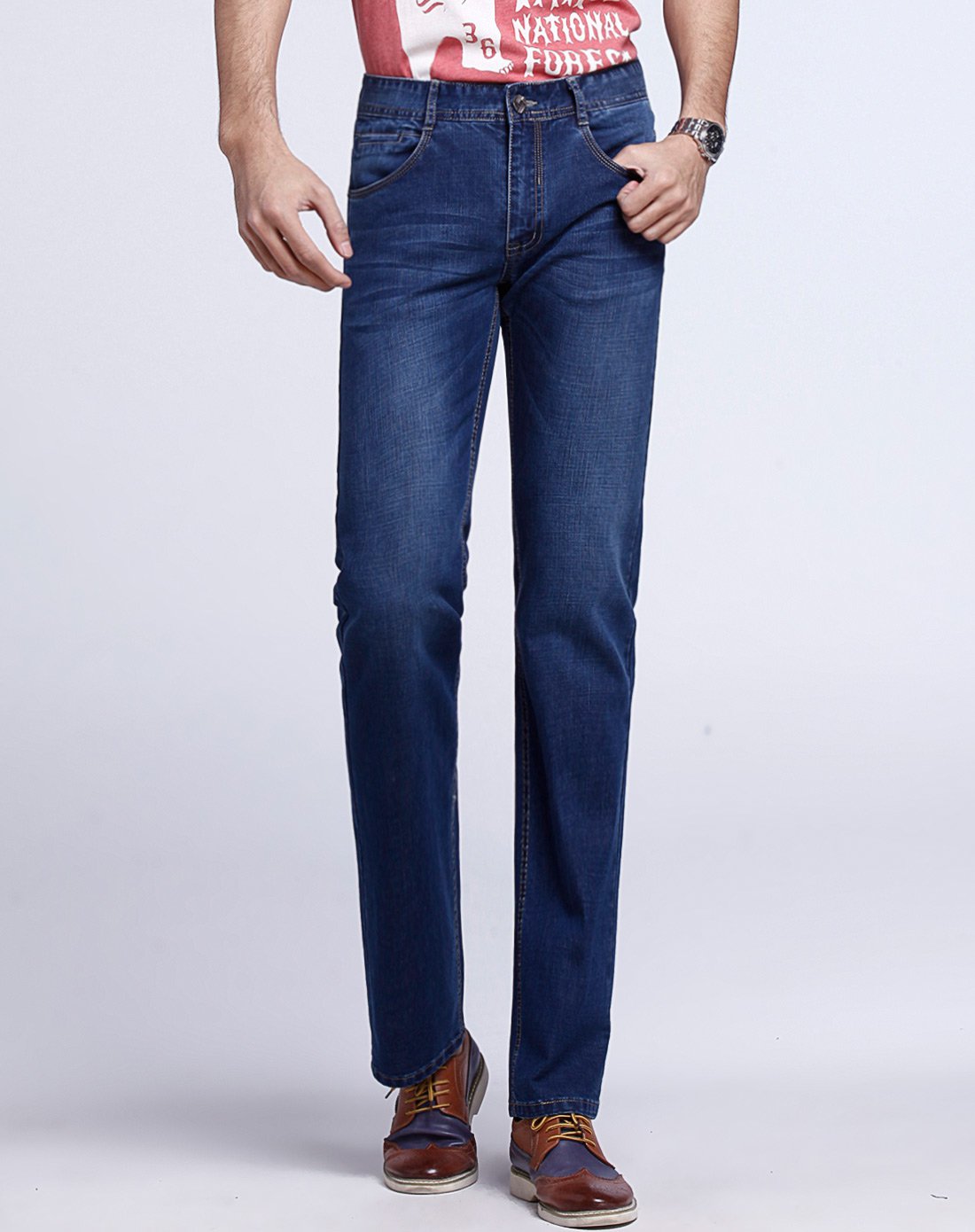 男款深蓝色弹力简约时尚牛仔裤裤