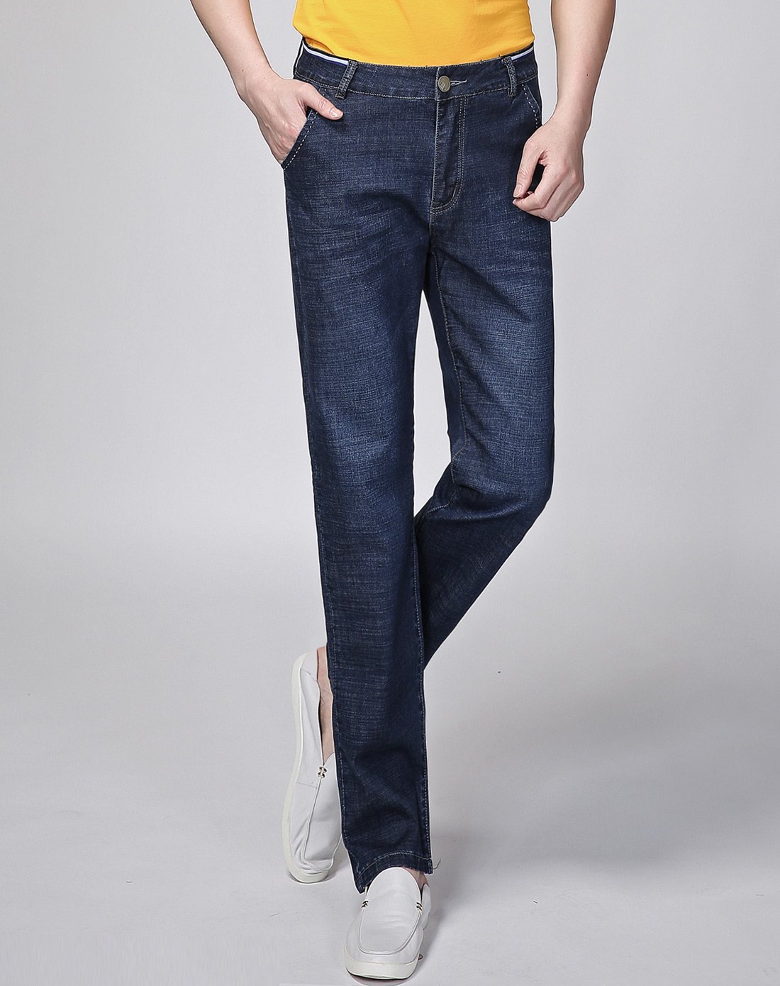 百圆裤业男款蓝色微弹商务牛仔裤