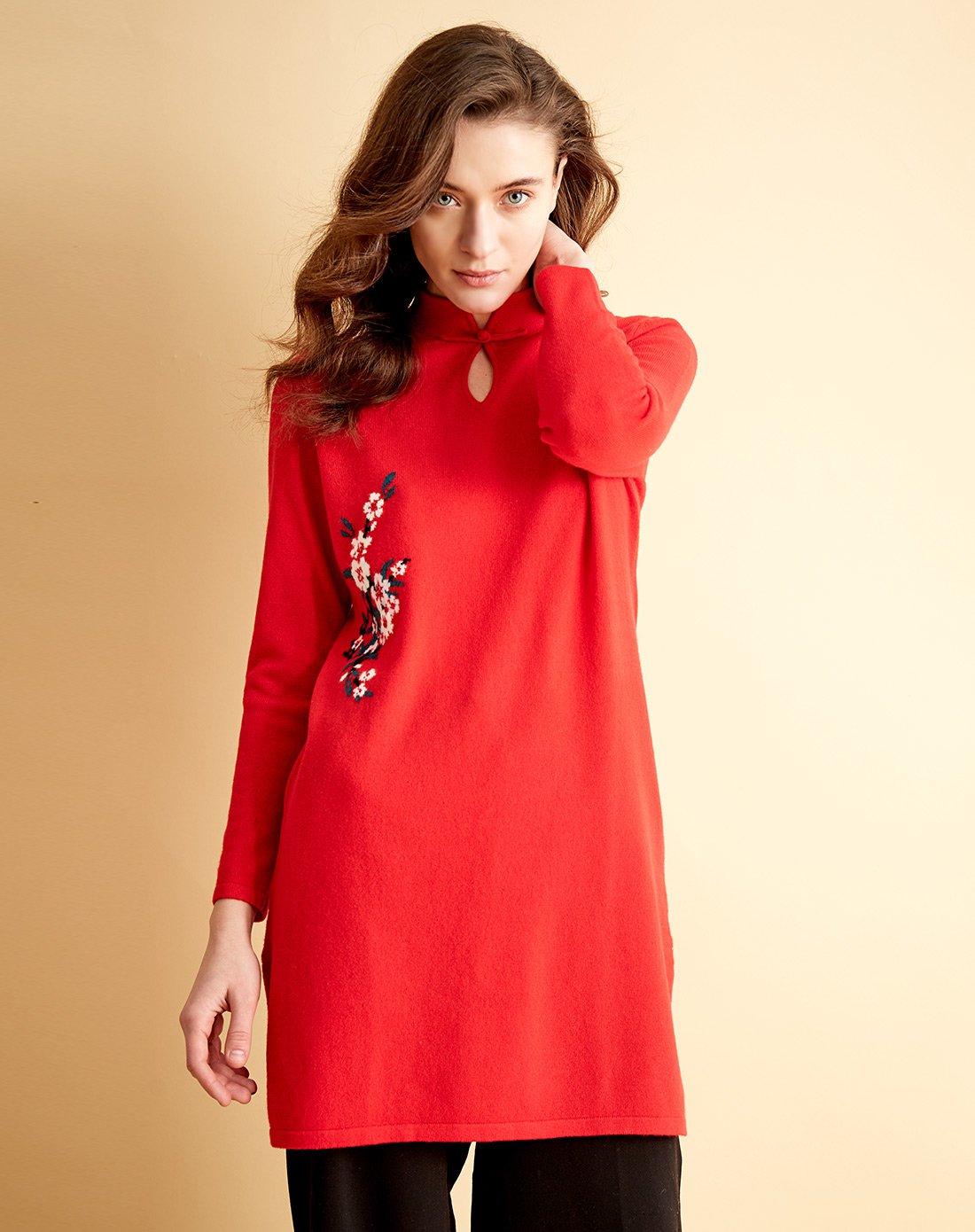 鹿王女士立领保暖复古平针提花连衣裙100%山羊绒