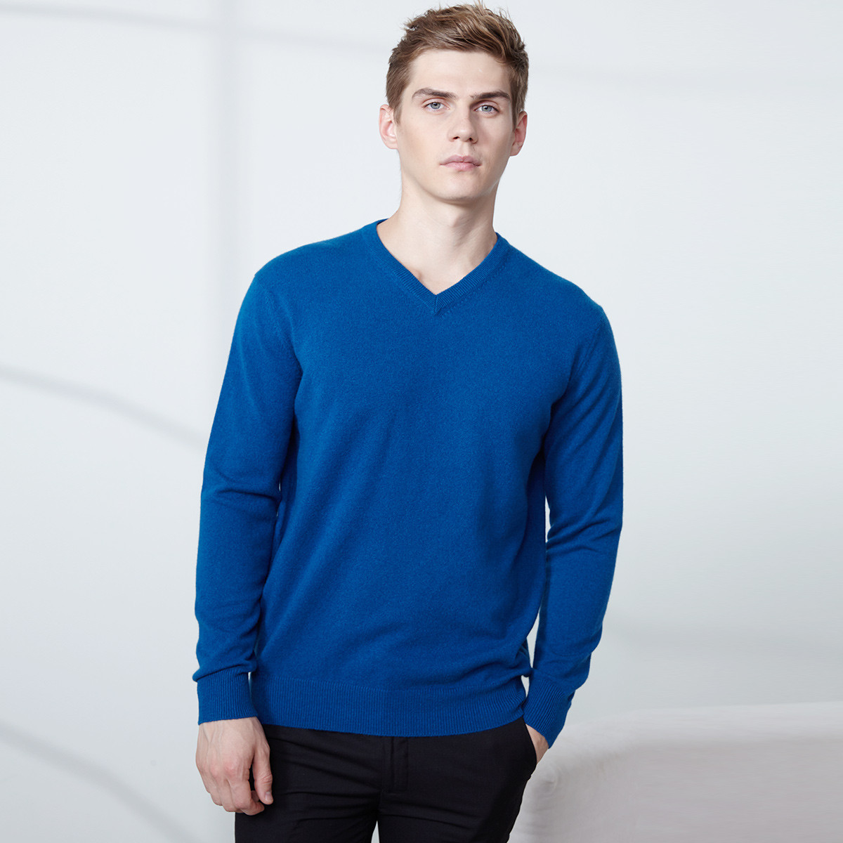 鹿王男士山羊绒v领平针男套衫羊绒毛衣100%山羊绒