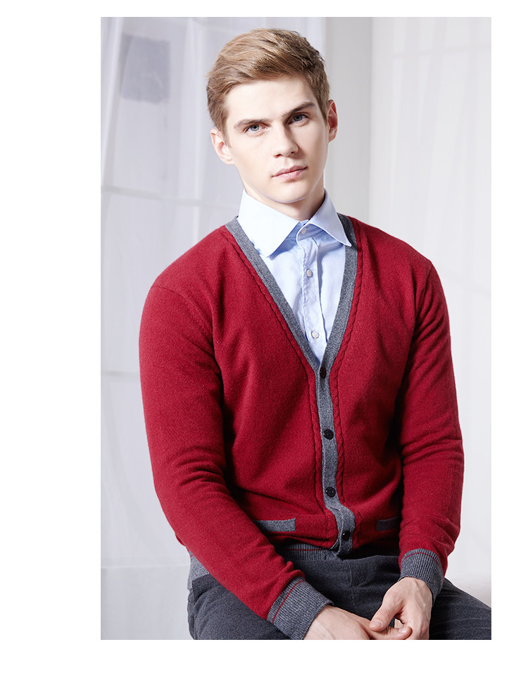 鹿王男士山羊绒v领平针男开衫羊绒毛衣100%山羊绒