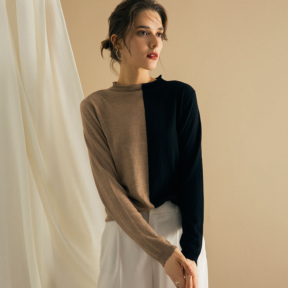 恒然【2018秋冬专柜新品】长袖套头收口袖简约百搭修身撞色女式针织衫