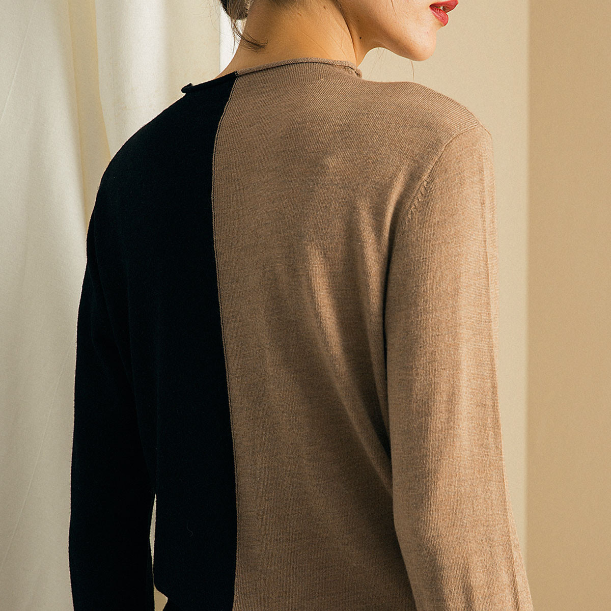 恒然【2018秋冬专柜新品】长袖套头收口袖简约百搭修身撞色女式针织衫