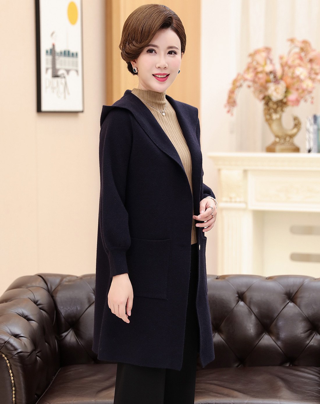 简狐中老年女装秋装大码宽松针织风衣妈妈装秋季新款外套