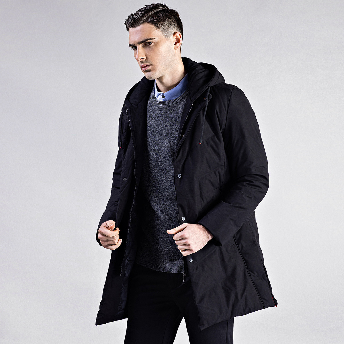 卡丹路男装特卖旗舰店 2018冬季新款男士中长款连帽抽绳白鸭绒衣服