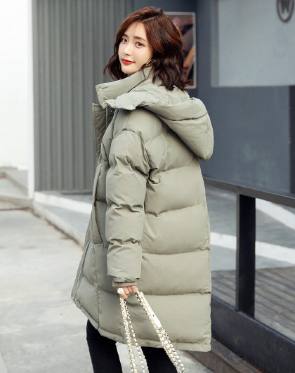 2018年冬季新款韩版女装棉服学院风休闲时尚宽松连帽中长款棉衣外套女