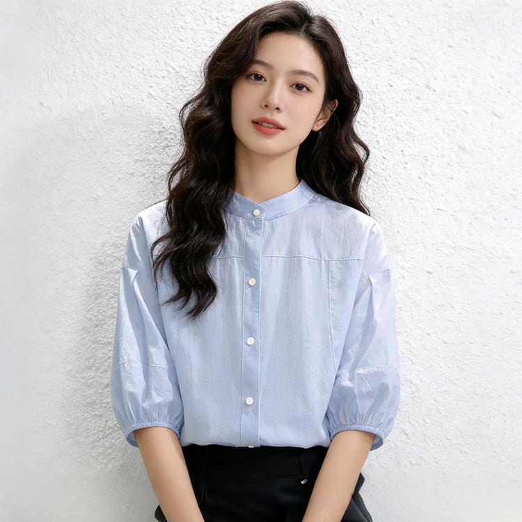 真维斯 春季韩版七分袖上衣宽松衬衫女时尚立领泡泡袖上衣棉衬衣