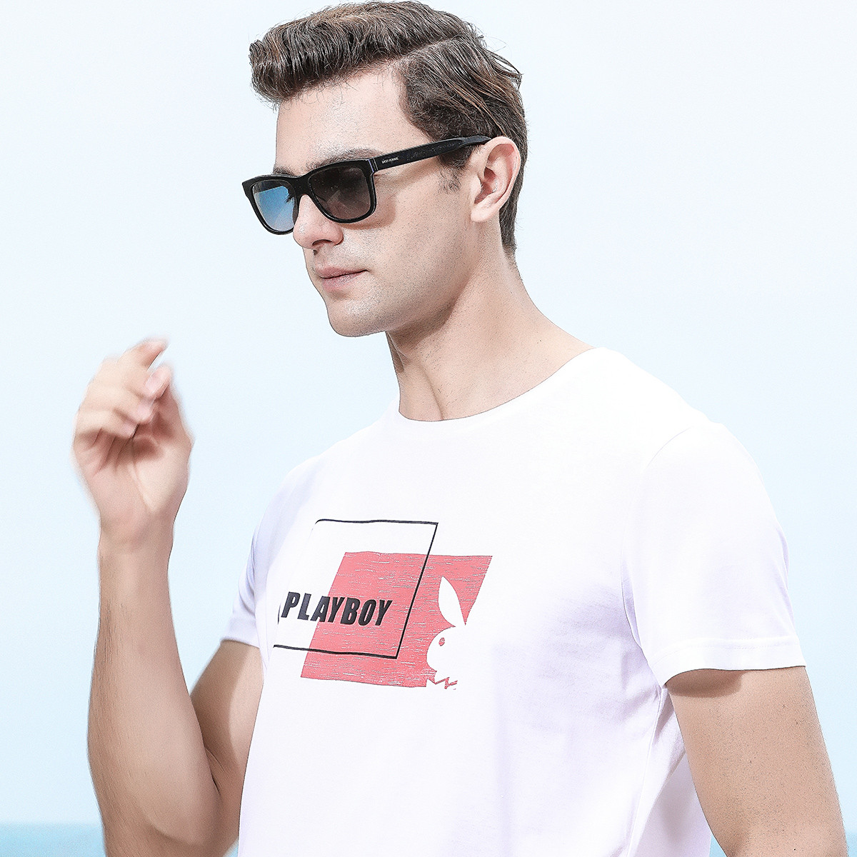 花花公子playboy 男装2019夏季新品印花logo圆领弹力短袖上衣潮流男士